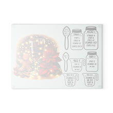 Load image into Gallery viewer, Christmas Kitchen Glass Cutting Board — Holiday Measurement Conversion Chart with Poinsettia, Gingerbread & Mulled Wine