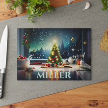 Load image into Gallery viewer, Personalized Christmas Glass Cutting Board – Custom Holiday Kitchen Decor with Festive Winter Scene – Custom Name Gift for Bakers & Home Chefs
