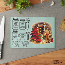 Load image into Gallery viewer, Christmas Kitchen Glass Cutting Board — Holiday Measurement Conversion Chart with Poinsettia, Gingerbread & Mulled Wine
