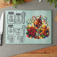 Load image into Gallery viewer, Christmas Measurements Glass Cutting Board — Holiday Recipe Conversion Chart with Festive Poinsettia & Gingerbread Design
