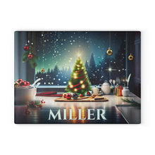 Load image into Gallery viewer, Personalized Christmas Glass Cutting Board – Custom Holiday Kitchen Decor with Festive Winter Scene – Custom Name Gift for Bakers & Home Chefs