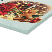 Load image into Gallery viewer, Christmas Kitchen Glass Cutting Board — Holiday Measurement Conversion Chart with Poinsettia, Gingerbread &amp; Mulled Wine
