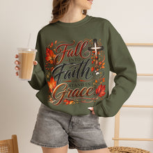 Load image into Gallery viewer, Fall into Faith Crewneck Sweatshirt — Standing in Grace Autumn Cross Design
