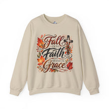Load image into Gallery viewer, Fall into Faith Crewneck Sweatshirt — Standing in Grace Autumn Cross Design
