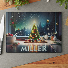 Load image into Gallery viewer, Personalized Christmas Glass Cutting Board – Custom Holiday Kitchen Decor with Festive Winter Scene – Custom Name Gift for Bakers &amp; Home Chefs
