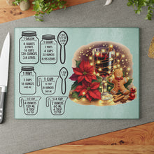 Load image into Gallery viewer, Christmas Kitchen Glass Cutting Board — Holiday Measurement Conversion Chart with Poinsettia, Gingerbread &amp; Mulled Wine

