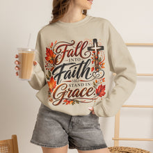Load image into Gallery viewer, Fall into Faith Crewneck Sweatshirt — Standing in Grace Autumn Cross Design
