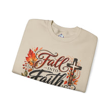 Load image into Gallery viewer, Fall into Faith Crewneck Sweatshirt — Standing in Grace Autumn Cross Design
