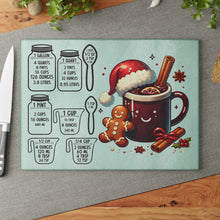 Load image into Gallery viewer, Christmas Cocoa Glass Cutting Board with Holiday Measurement Conversions
