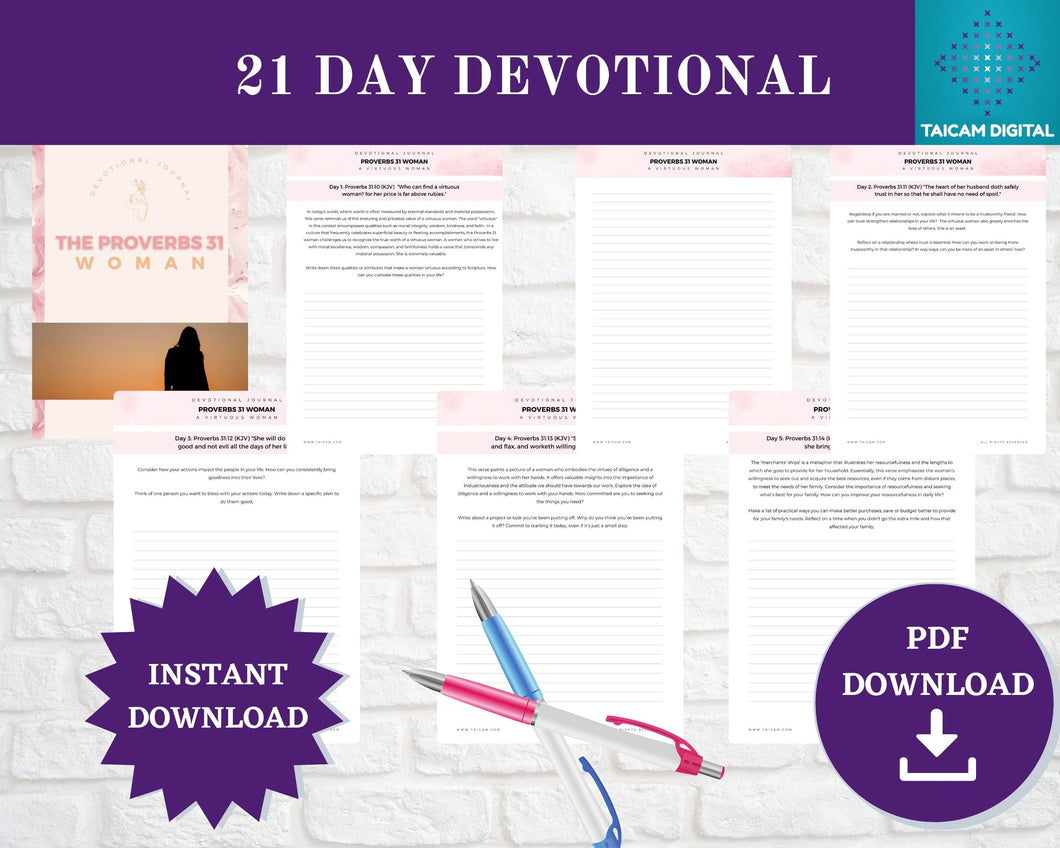 Proverbs 31 Woman: Daily Devotional Journal| 8.5x11 Sheets  Digital Instant PDF Download | 48 Pages