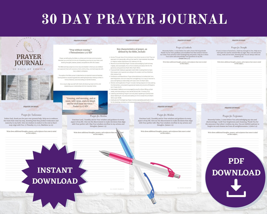 30 Day Daily Devotional Prayer Journal | 8.5x11 Sheets  Digital Instant PDF Download | 63 Pages