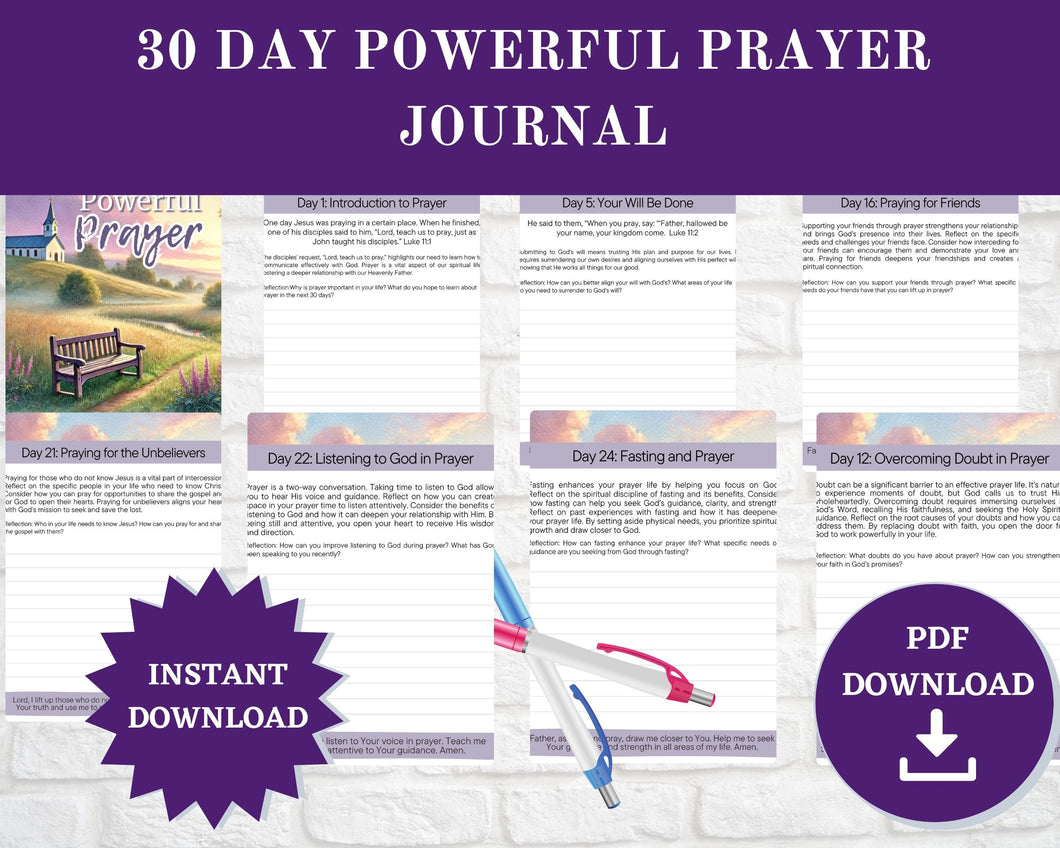 30 Day Powerful Prayer Journal | 8.5x11 Sheets  Digital Instant PDF Download | 33 Pages