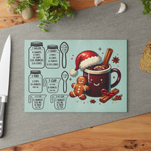 Load image into Gallery viewer, Christmas Cocoa Glass Cutting Board with Holiday Measurement Conversions

