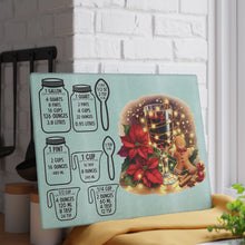 Load image into Gallery viewer, Christmas Kitchen Glass Cutting Board — Holiday Measurement Conversion Chart with Poinsettia, Gingerbread &amp; Mulled Wine
