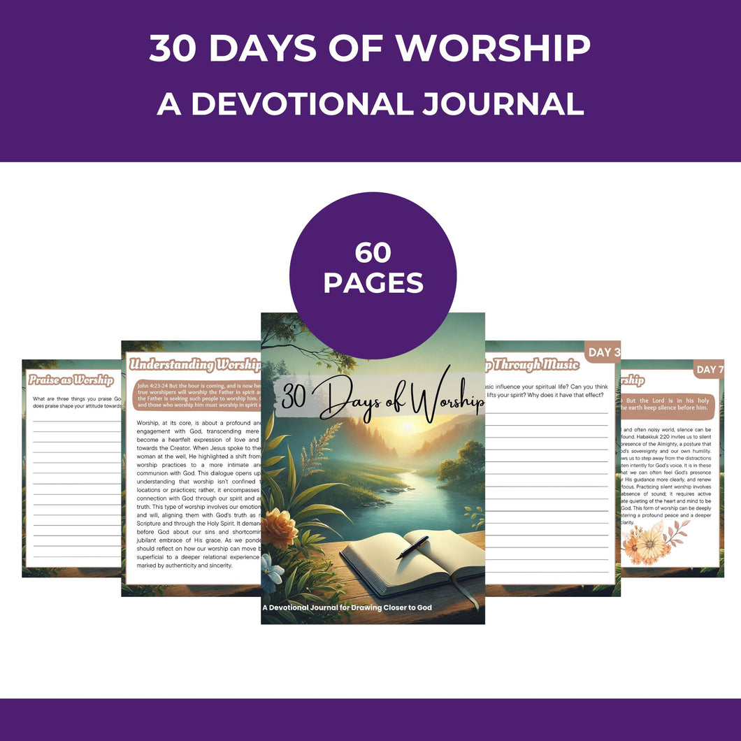 30 Days of Worship Devotional Journal | 8.5x11 Sheets  Digital Instant PDF Download | 60 Pages