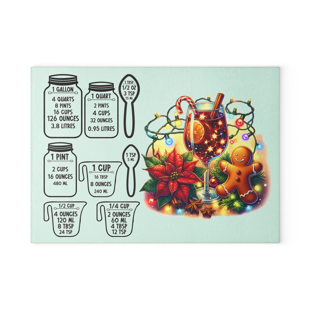 Christmas Measurements Glass Cutting Board — Holiday Recipe Conversion Chart with Festive Poinsettia & Gingerbread Design