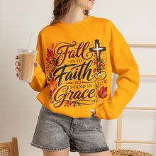 Load image into Gallery viewer, Fall into Faith Crewneck Sweatshirt — Standing in Grace Autumn Cross Design

