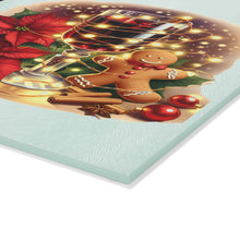 Load image into Gallery viewer, Christmas Kitchen Glass Cutting Board — Holiday Measurement Conversion Chart with Poinsettia, Gingerbread &amp; Mulled Wine
