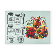 Load image into Gallery viewer, Christmas Measurements Glass Cutting Board — Holiday Recipe Conversion Chart with Festive Poinsettia &amp; Gingerbread Design
