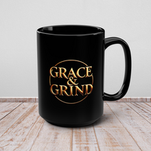 Load image into Gallery viewer, Grace &amp; Grind Gold Logo Black Mug, 15oz
