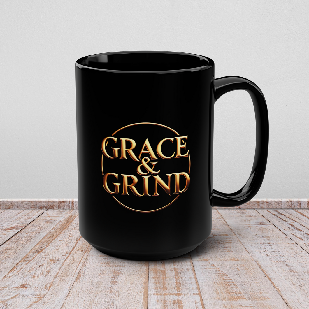 Grace & Grind Gold Logo Black Mug, 15oz