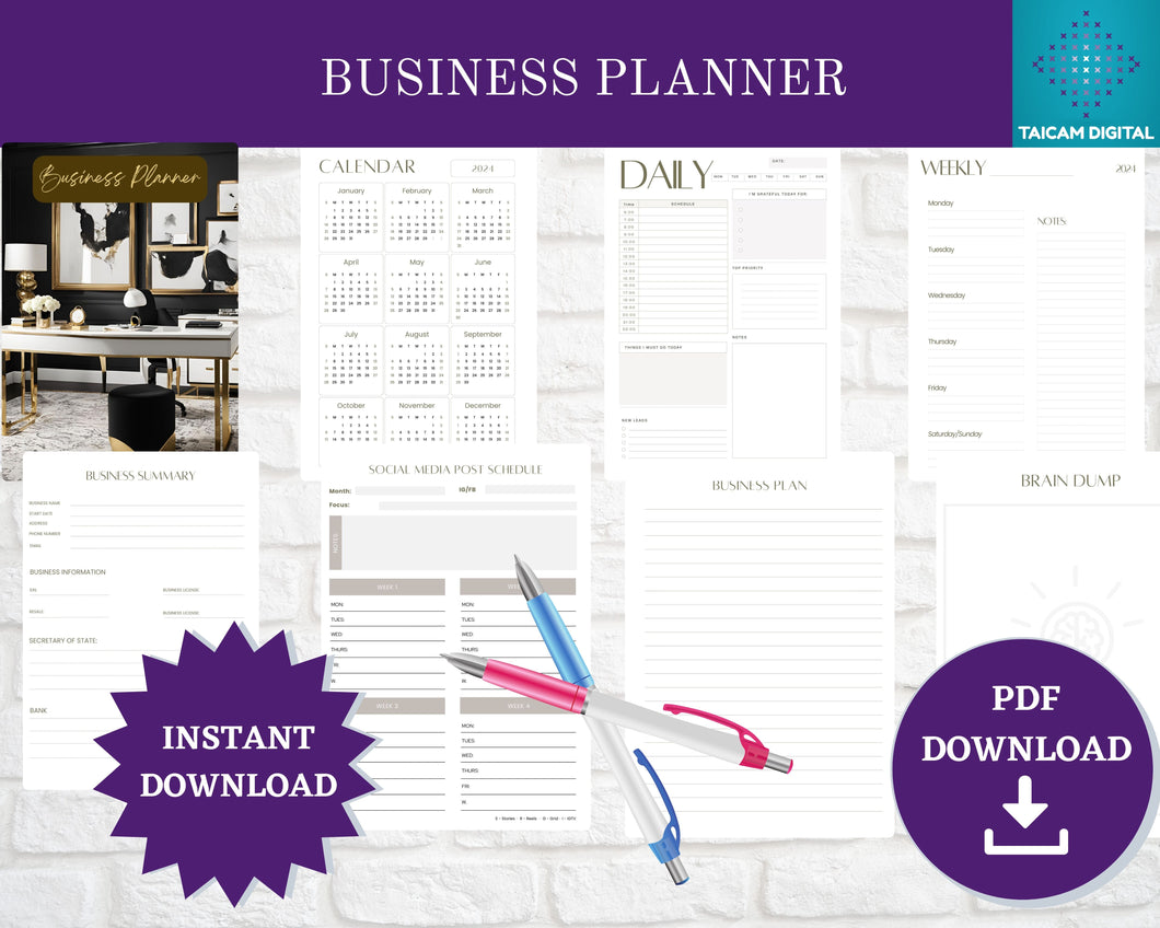 Business Planner | 8.5x11 Sheets  Digital Instant PDF Download | 100 Pages