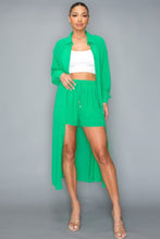 Load image into Gallery viewer, Chiffon Button Down Long Sleeve Side Slit Long Top With Short Set
