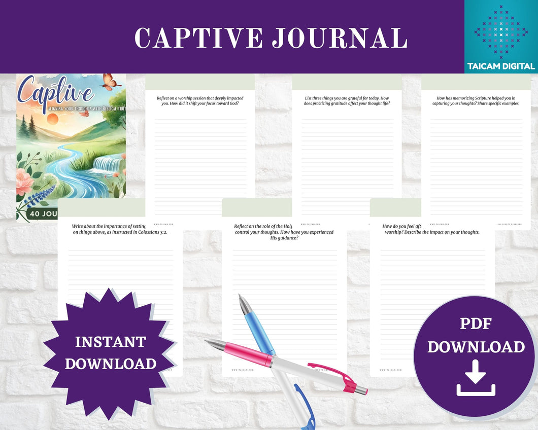 Captive Journal with Prompts: Aligning Your Thoughts with Biblical Truth | 8.5x11 Sheets  Digital Instant PDF Download | 43 Pages