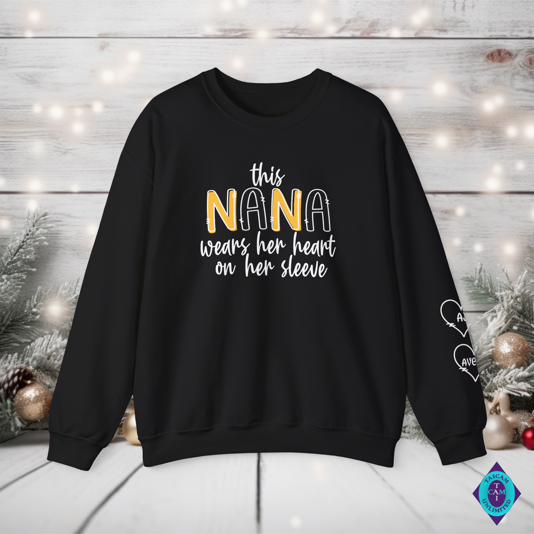 Personalized This Nana Wears Her Heart on Her Sleeve Unisex Sweatshirt