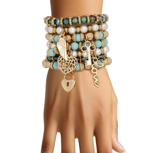Love Charm Pearl Turquoise Bead Bracelet Set