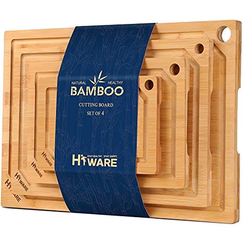 Hiware Bamboo Heavy Duty Chopping/ Cutting Boards Set with Juice Groove for Kitchen, Meat, Vegetables - Pre Oiled, Extra Large, 4-Piece