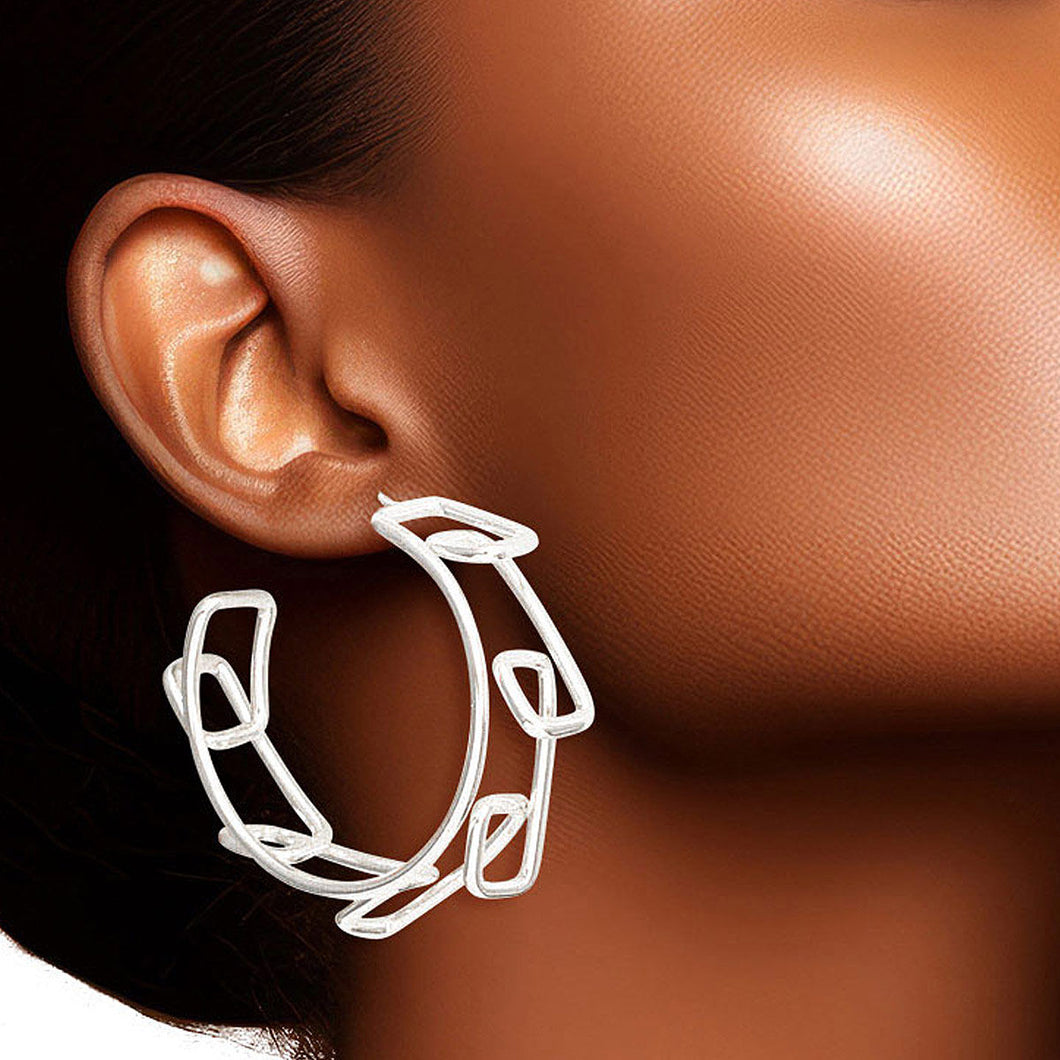 Hoop 14k White Gold Medium Geo Wire Earrings for Women