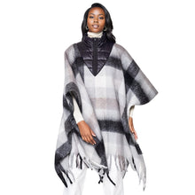 Load image into Gallery viewer, Poly Black Plaid Long Zip Fringe Poncho  for Women
