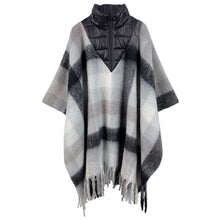 Load image into Gallery viewer, Poly Black Plaid Long Zip Fringe Poncho  for Women

