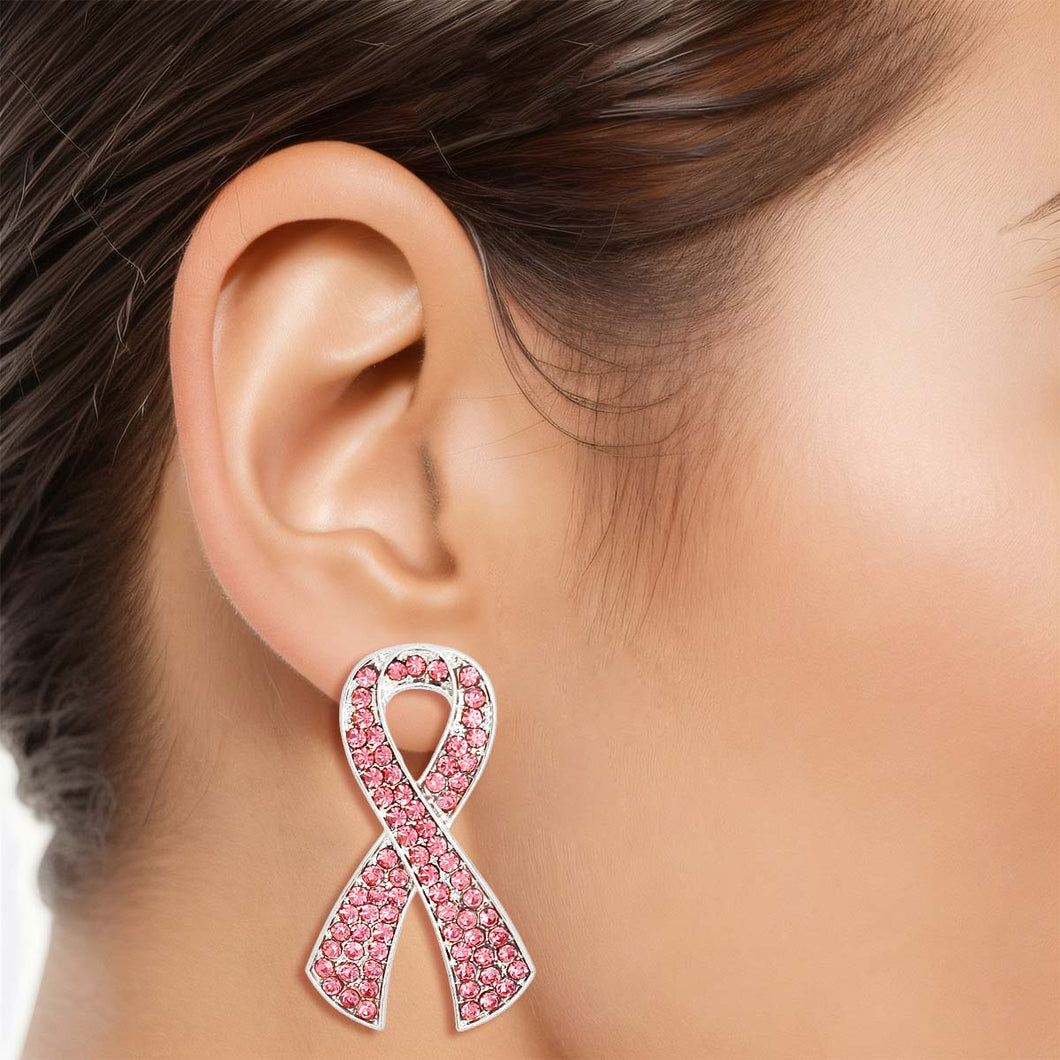 Silver Pink Ribbon Stud Earrings