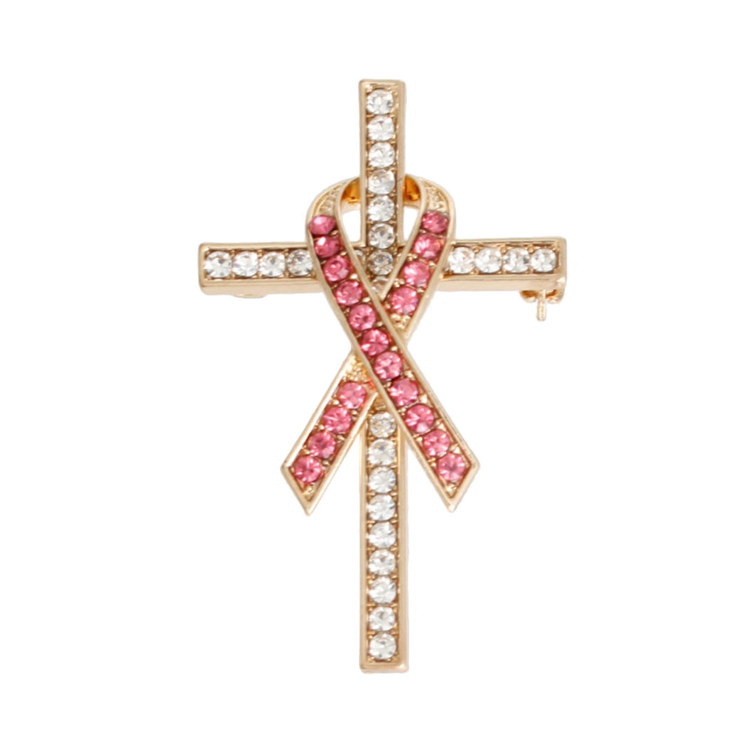 Gold Pink Ribbon Cross Brooch